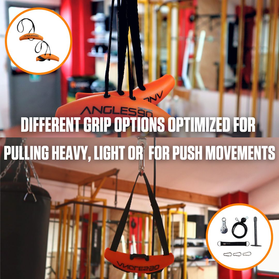 A snapshot of a well-equipped gym showcasing A90 Cable Pulley and a variety of workout handles and attachments, including different grip options optimized for pulling heavy, light, or for push movements. The inclusion of a pulley system with