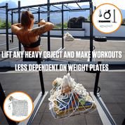 Woman engaging in outdoor strength training using A90 Homemade Weights, showcasing adaptability in fitness routines by incorporating a net with a high loading capacity.